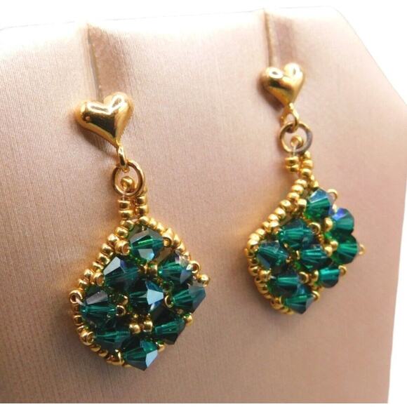 Artisan Pierced Green Earrings AB Like Coated Beads Dangle Style Gold Tone - Picture 7 of 7